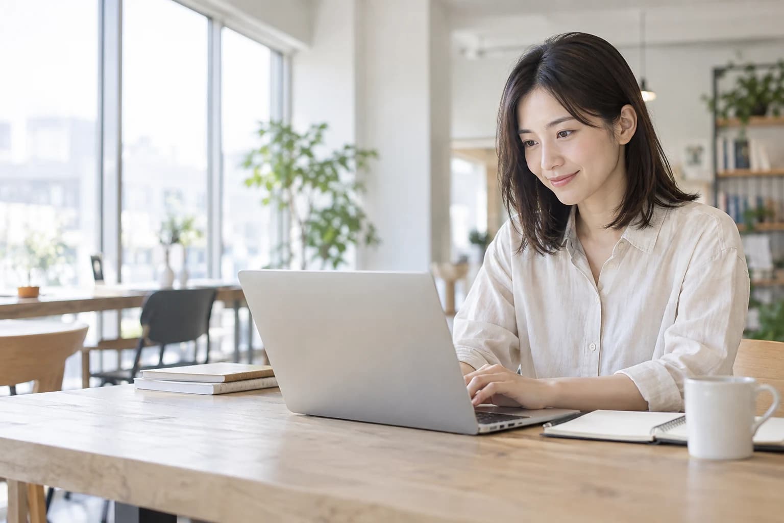 明るい室内でノートパソコンに向かう女性